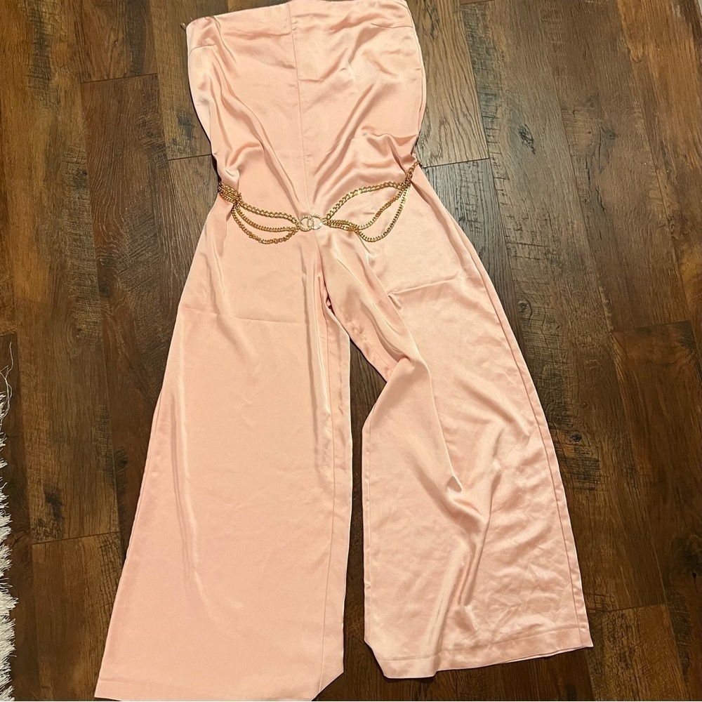 ZARA Pink satin strapless wide leg pantsuit. NWOT Size XL